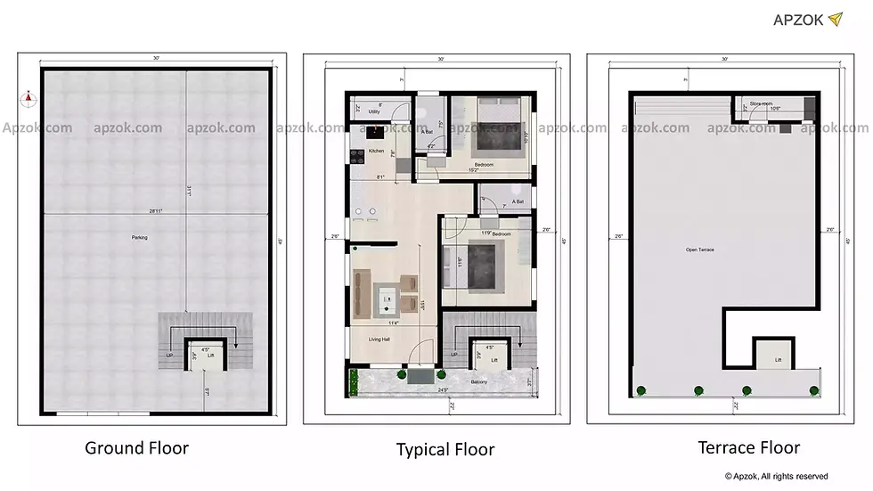 2D floor plan layout — 30 x 45 ft 2BHK South house plan, Plan RL0134
