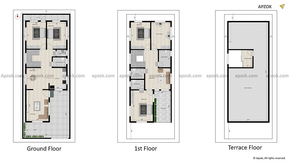 Thumbnail — 25 × 65 ft (7.62 x 19.81 m) 4BHK South house plan, Plan RI0020