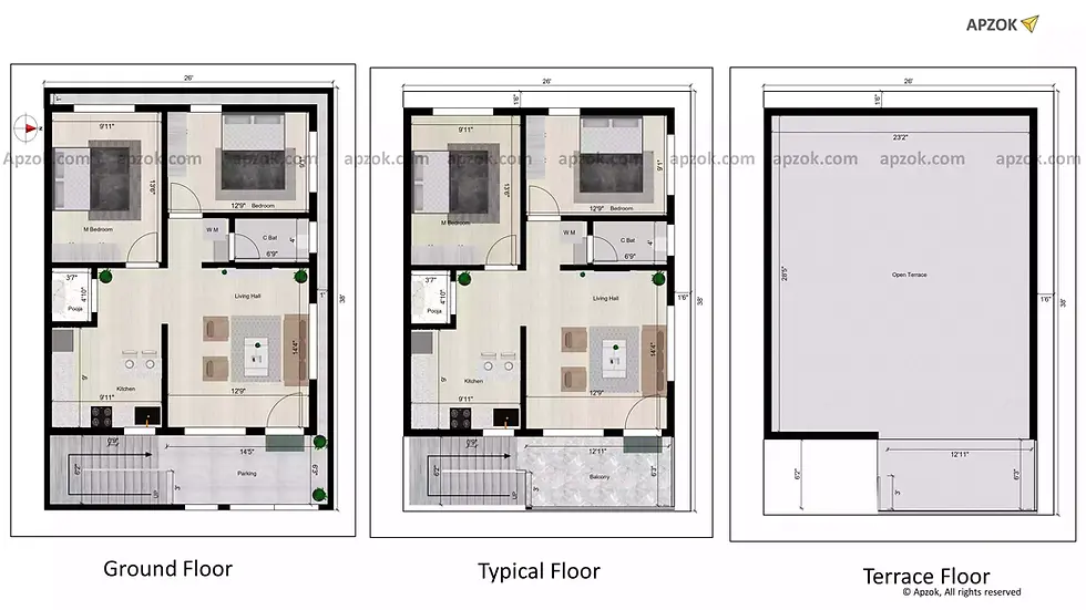 2D floor plan layout — 26 x 38 ft 2BHK East house plan, Plan RF0002