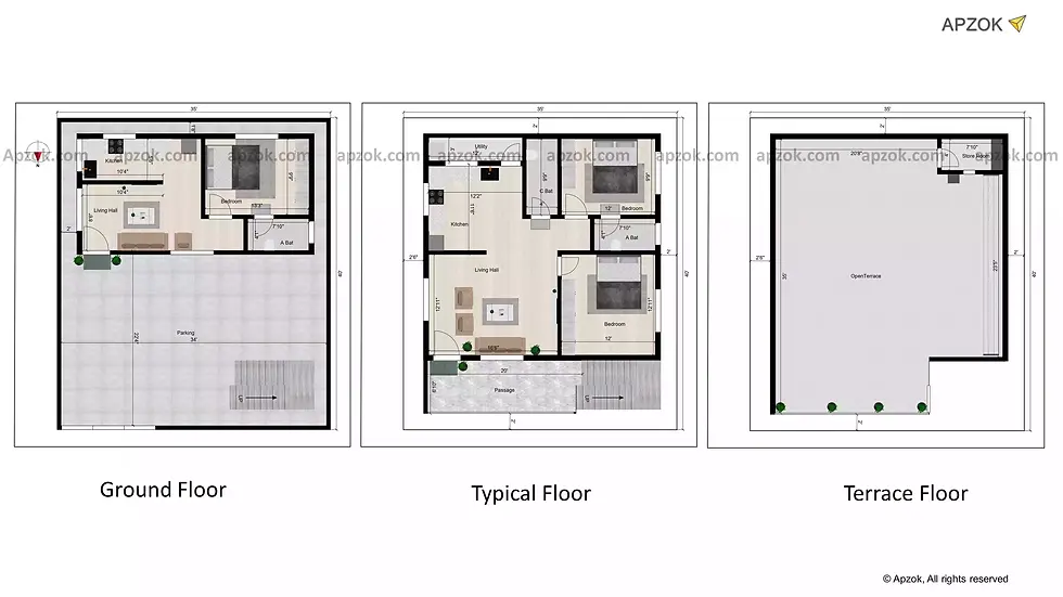 2D floor plan layout — 30 x 45 ft 2BHK West house plan, Plan RL0151