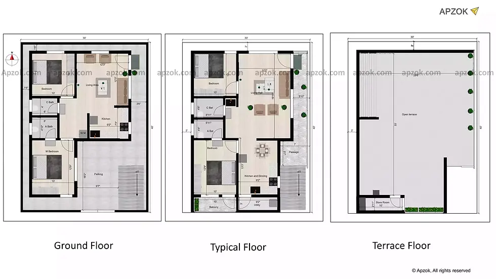 Thumbnail — 30 × 40 ft (9.14 x 12.19 m) 2BHK South house plan, Plan RL0094