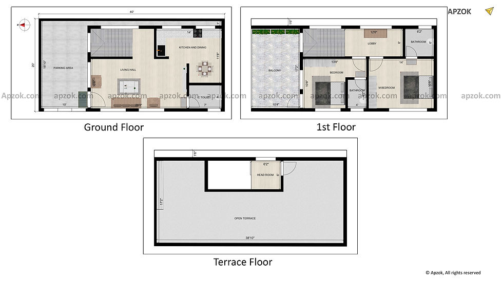 Thumbnail — 40 × 20 ft (12.19 x 6.10 m) 2BHK West house plan, Plan RP0053