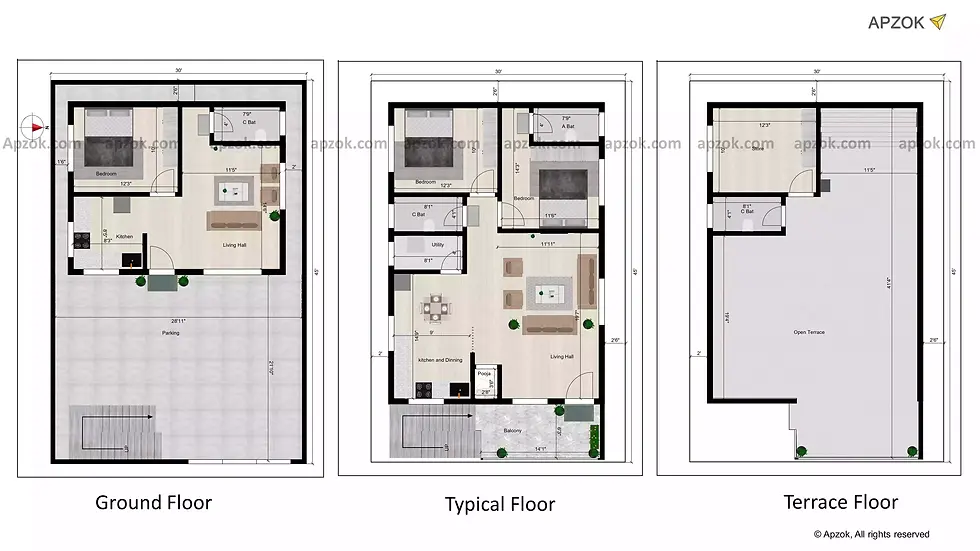 2D floor plan layout — 30 x 45 ft 2BHK East house plan, Plan RL0144