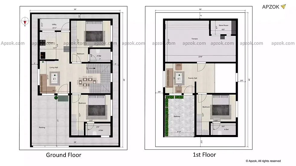2D floor plan layout — 30 x 45 ft 3BHK North house plan, Plan RL0180