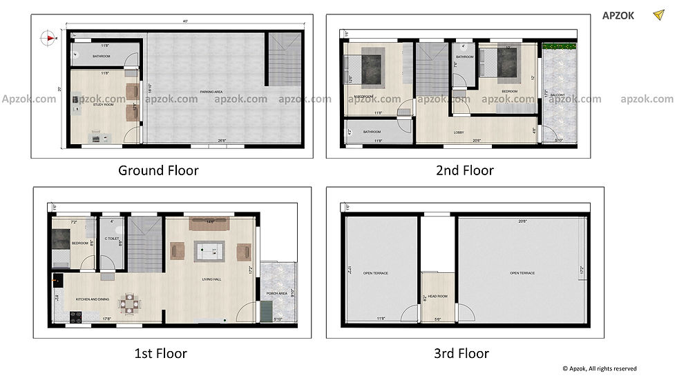 Thumbnail — 40 × 20 ft (12.19 x 6.10 m) 3BHK East house plan, Plan RP0032