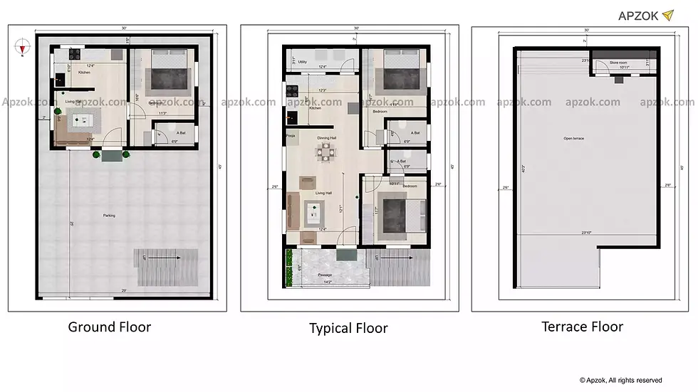 2D floor plan layout — 30 x 45 ft 2BHK North house plan, Plan RL0194