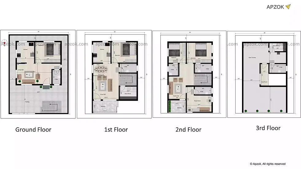 2D floor plan layout — 30 x 40 ft 3BHK North house plan, Plan RL0129