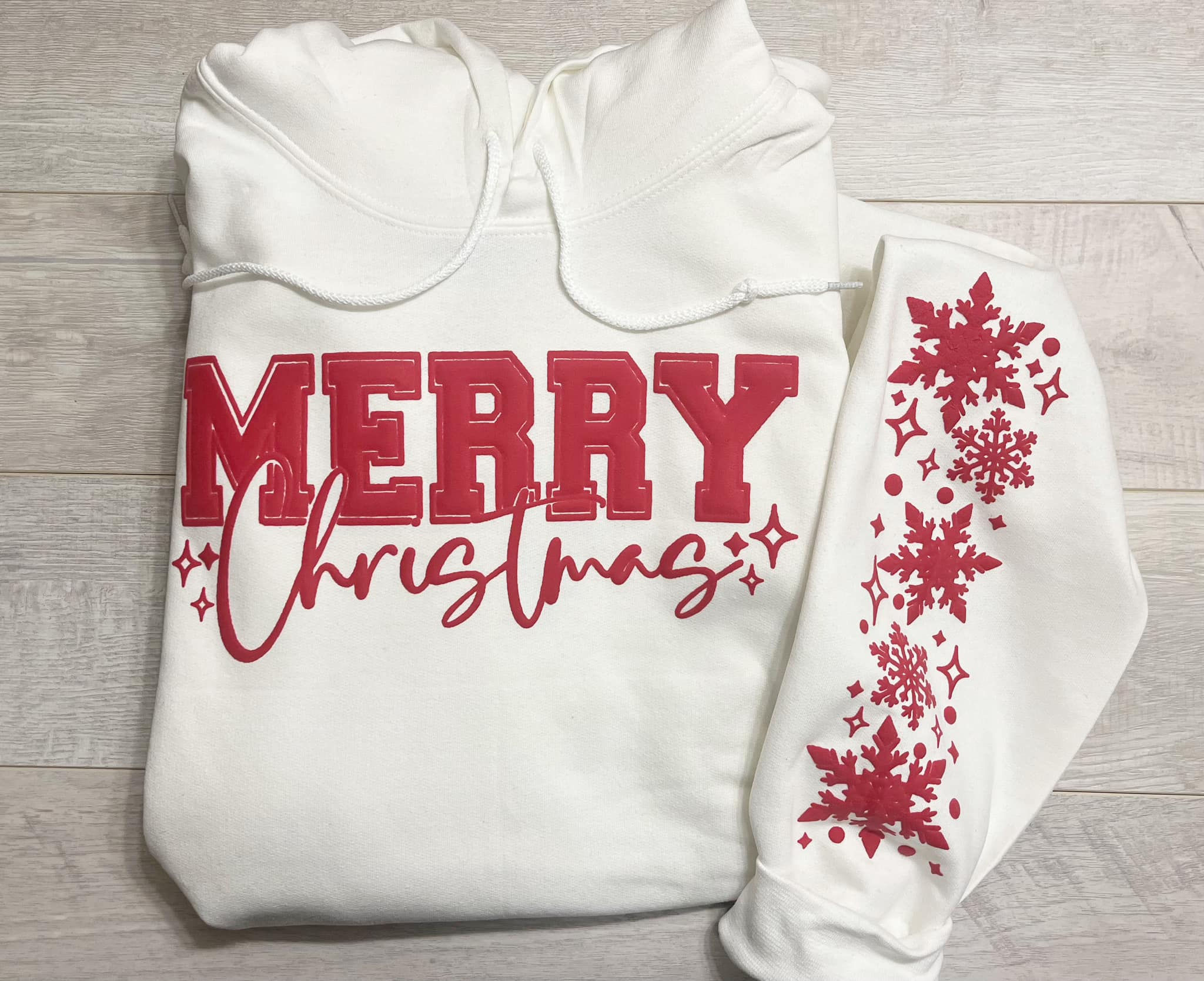 Merry Christmas White Hoodie with Design Sleeves