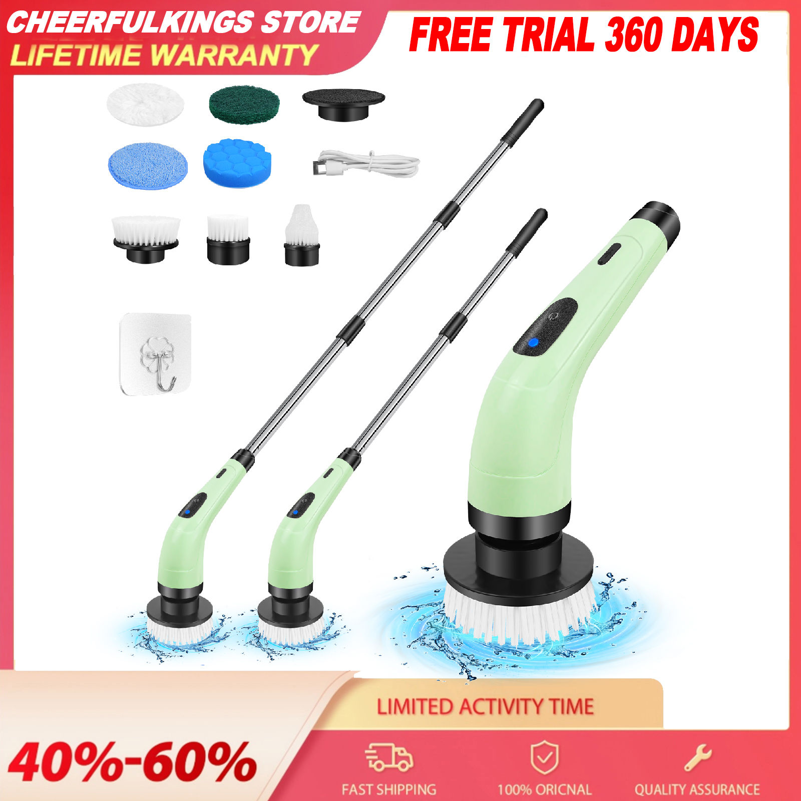 Cheerfulkings - 100W Electric Spin Scrubber,Cordless Cleaning Brush,Shower Clean