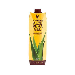 Aloe gel, The original Aloe Vera drinking gel. Yellow tatra bottle with Aloe Vera Plant on front, Text reads Forever Aloe Vera Gell 99.7% Aloe vera Gel Preservative free Sugar free