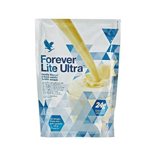 Forever Lite Ultra Vanilla Plant based protein shake meal replacement, white packet blue design, smoothie being poured