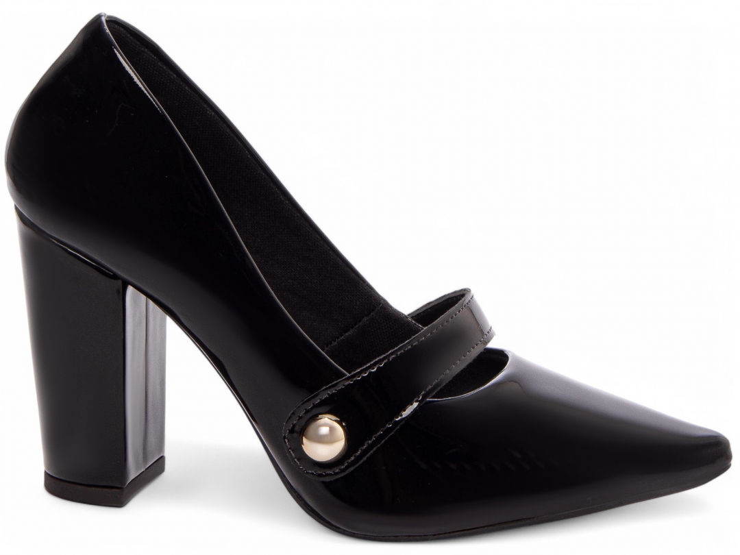 Sapato Scarpin Salto Grosso Enfeite Com Aplique Lateral