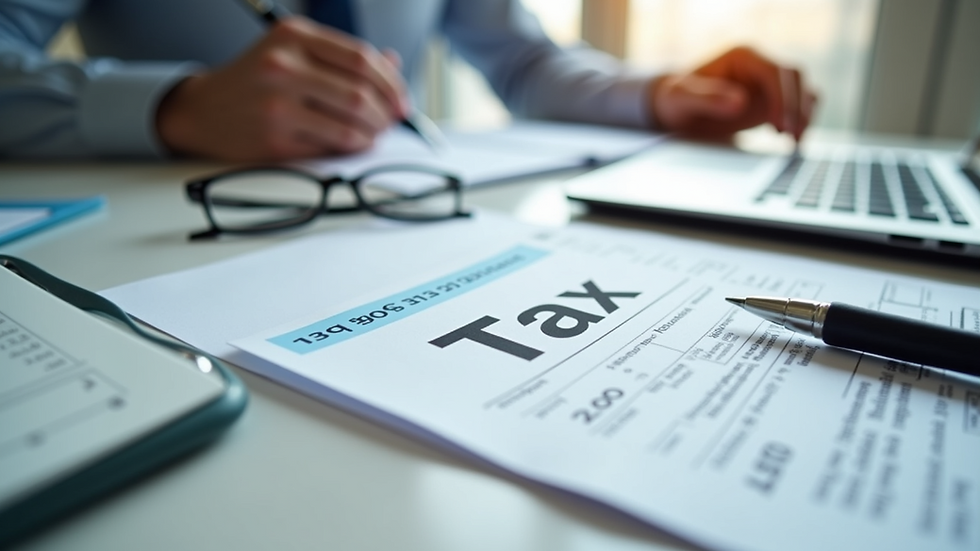 High angle view of a clear workspace with tax preparation tools