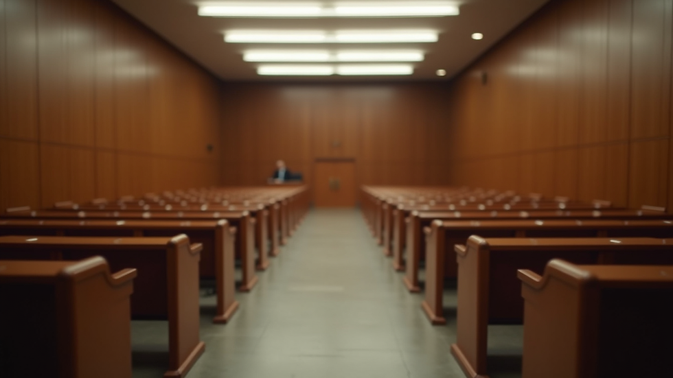 Eye-level view of a courtroom with empty benches