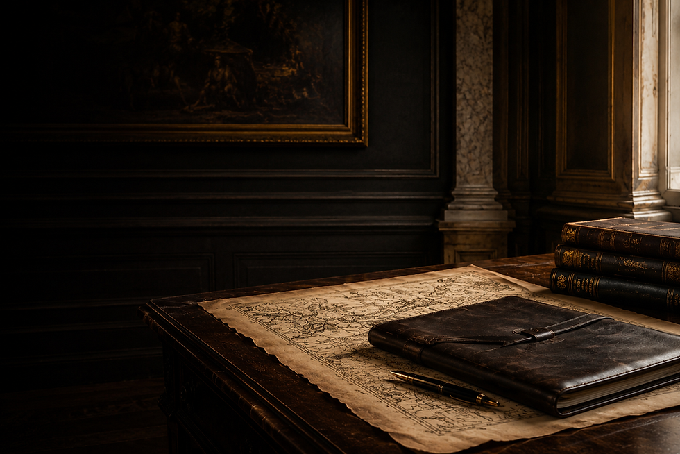 Old-world strategy desk with antique map, leather folio, and classical interior representing business strategy, planning, and disciplined decision-making.