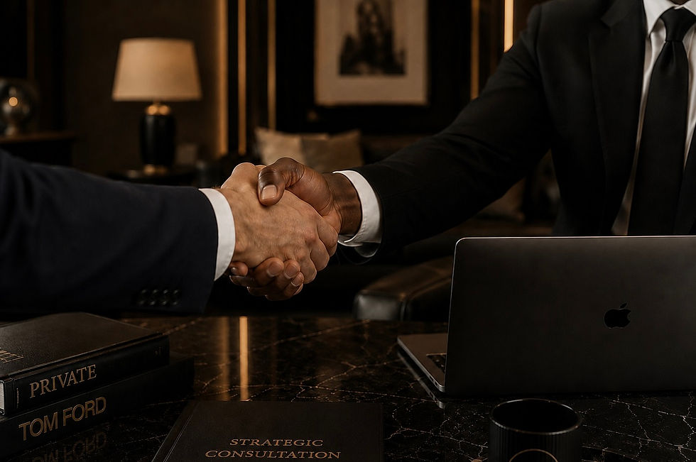 Executive business handshake during a professional consulting meeting representing executive presence, leadership, and brand strategy by Ramesses Khalfani Consulting.