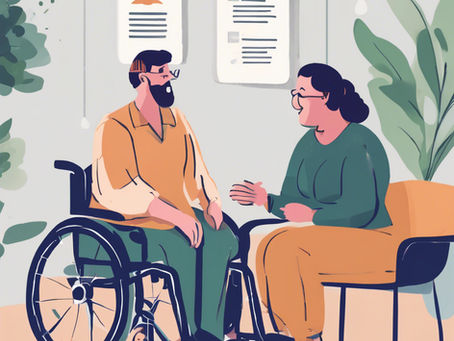 An individual with a disability discusses their NDIS plan options with a support coordinator in a supportive, professional setting.