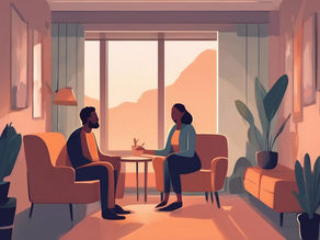 A serene conversation unfolds between a counselor and their client, set in a warmly lit, comforting room that fosters reflection and support.