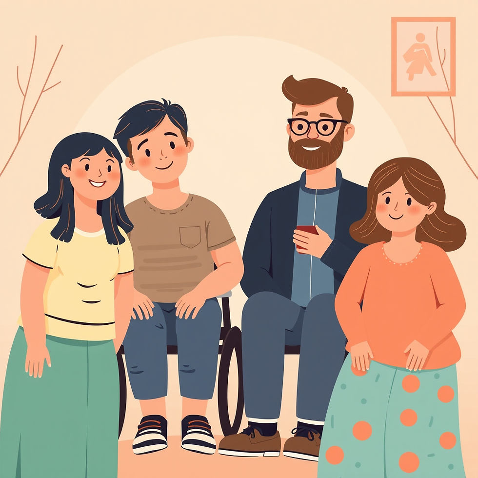A cheerful group portrait celebrating diversity and inclusion, featuring individuals with different disabilities in a supportive and friendly atmosphere.