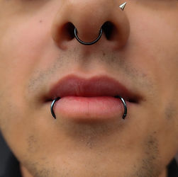 Fully Healed Paired Lower Lip Piercings ("Snakebites") with Black Niobium Rings