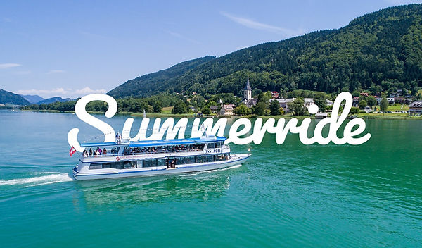 ferry on the lake with summeride text