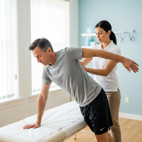 Physiotherapist guiding a pendulum movement as a rotator cuff pain relief exercise.