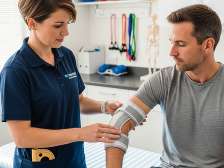 Therapist applying a tennis elbow brace during a physiotherapy session.