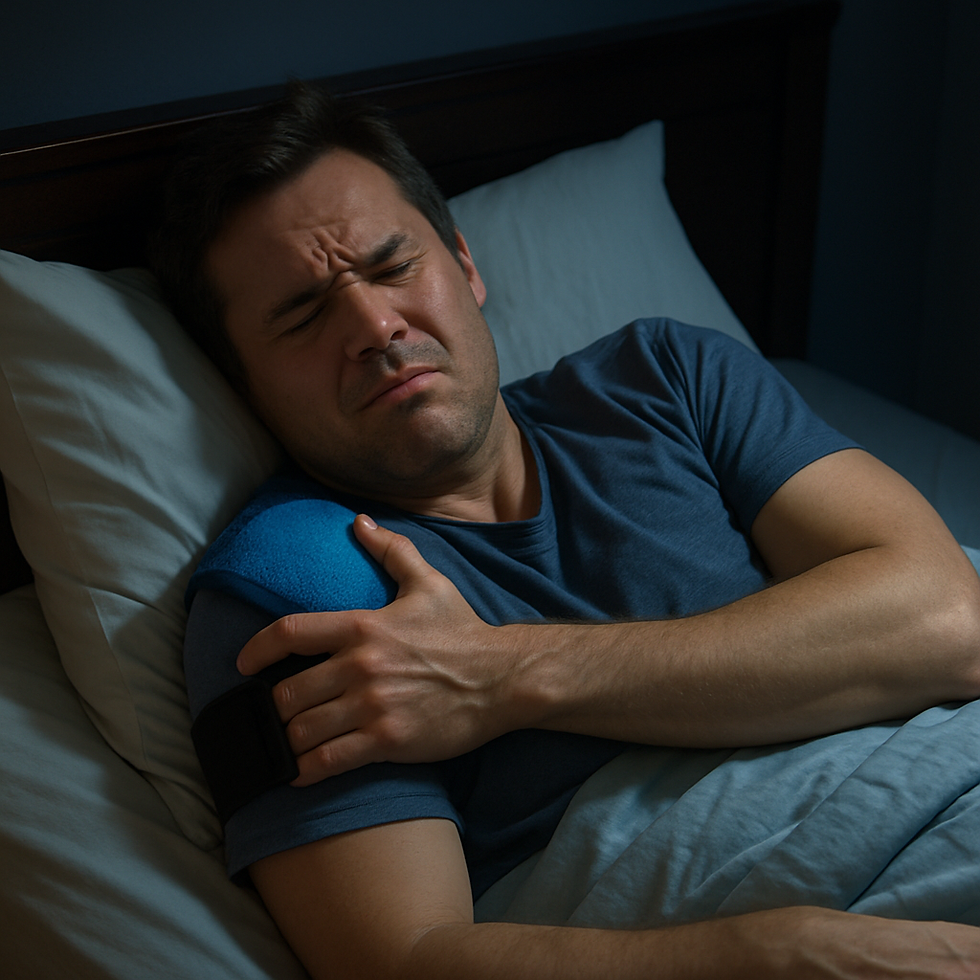 Person struggling to sleep due to shoulder discomfort, illustrating one of the common rotator cuff tear symptoms—pain that worsens at night.