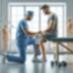 A doctor in blue scrubs examines a patient's bandaged knee after ACL replacement recovery in a sunlit clinic. Skeleton models and dumbbells are visible in the background.