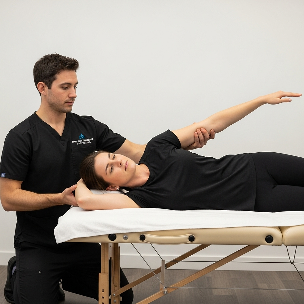 Patient performing prone horizontal abduction under therapist guidance as part of rotator cuff physical therapy exercises.
