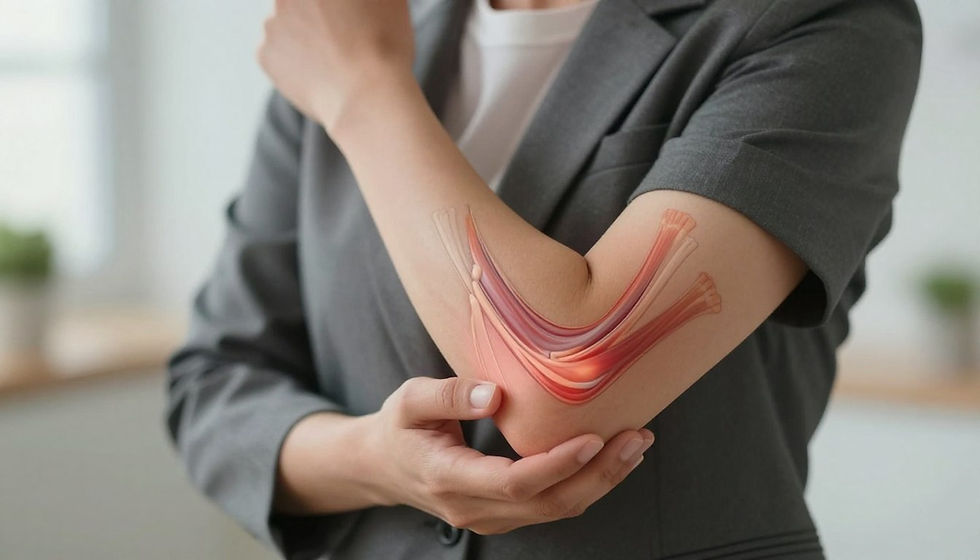 Close-up of a person holding their elbow with a highlighted tendon illustration showing inflammation and pain, representing symptoms of bicep tendonitis at elbow and localized tendon strain.