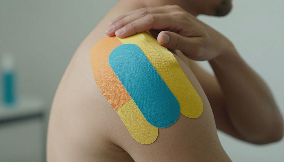 Close-up of a person’s shoulder with colorful kinesiology tape applied for support and stabilization, illustrating therapeutic taping as part of dislocation treatment shoulder recovery and pain management.