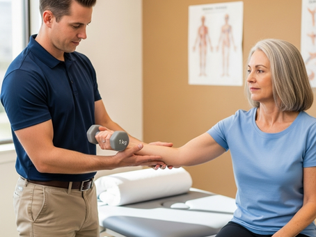 Therapist guiding a patient through wrist extension rehab during tennis elbow physical therapy.