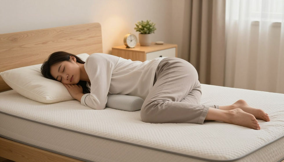 Side-sleeping posture with a pillow supporting the knees and hips, illustrating the correct sleeping position for lower back pain to reduce spinal stress and improve sleep quality.