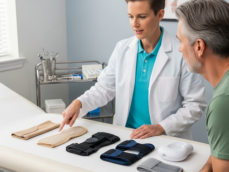 Doctor presenting a selection of the best tennis elbow brace options for treatment.