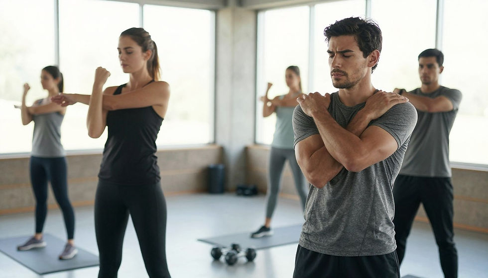A group of adults performing shoulder warm-up stretches in a fitness studio, demonstrating safe bicep tendonitis exercises to improve flexibility and reduce arm and shoulder strain.