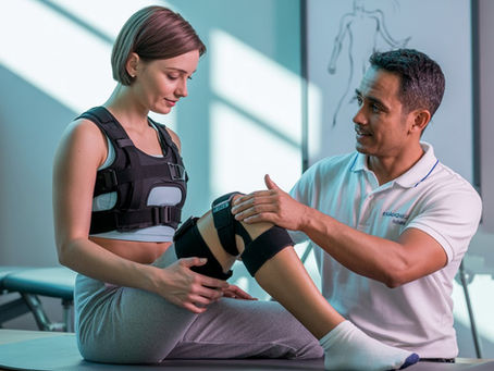 Young woman in a brace receiving ACL recovery from a male physiotherapist. They're on a mat in a bright room.