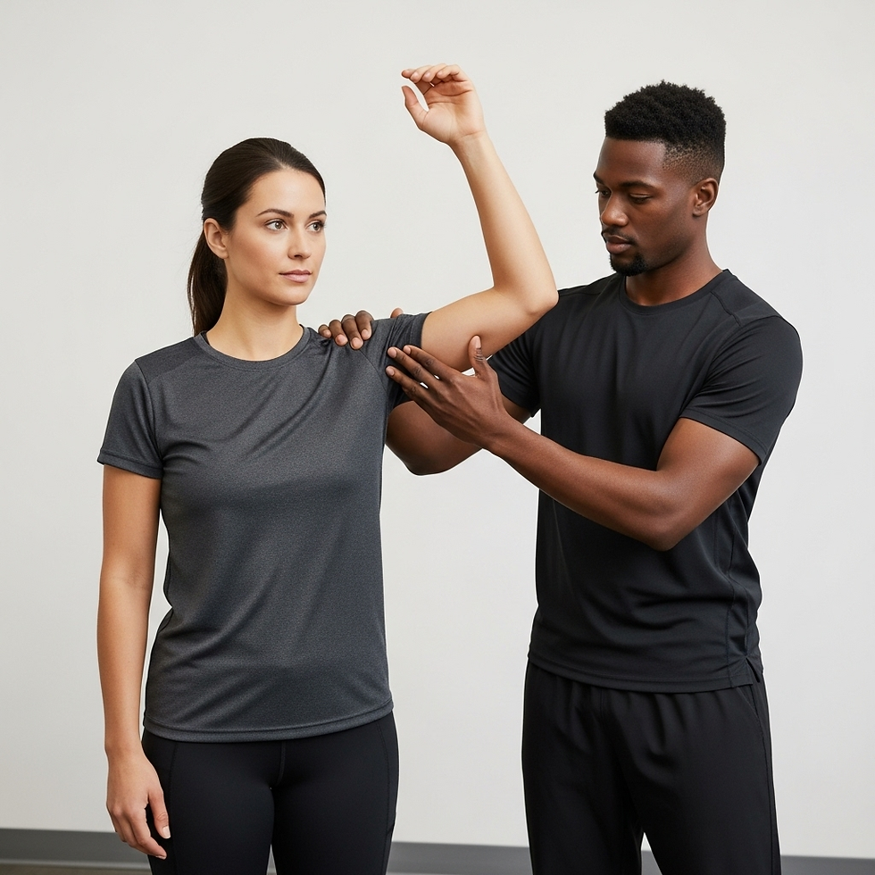 Therapist guiding rhythmic stabilization drills among rotator cuff physical therapy exercises for shoulder stability.