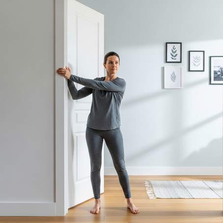 Person performing a doorway rotation stretch as part of rotator cuff tendinitis exercises.