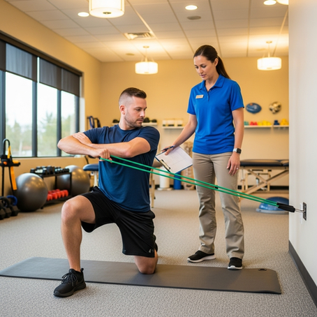 Patient performing a rotator cuff injury exercise using a resistance band for external rotation to rebuild shoulder strength.