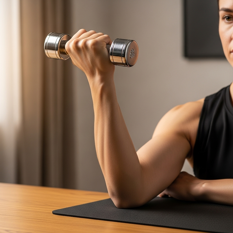 Person performing a tennis elbow physical exercise—wrist extension with light weight.