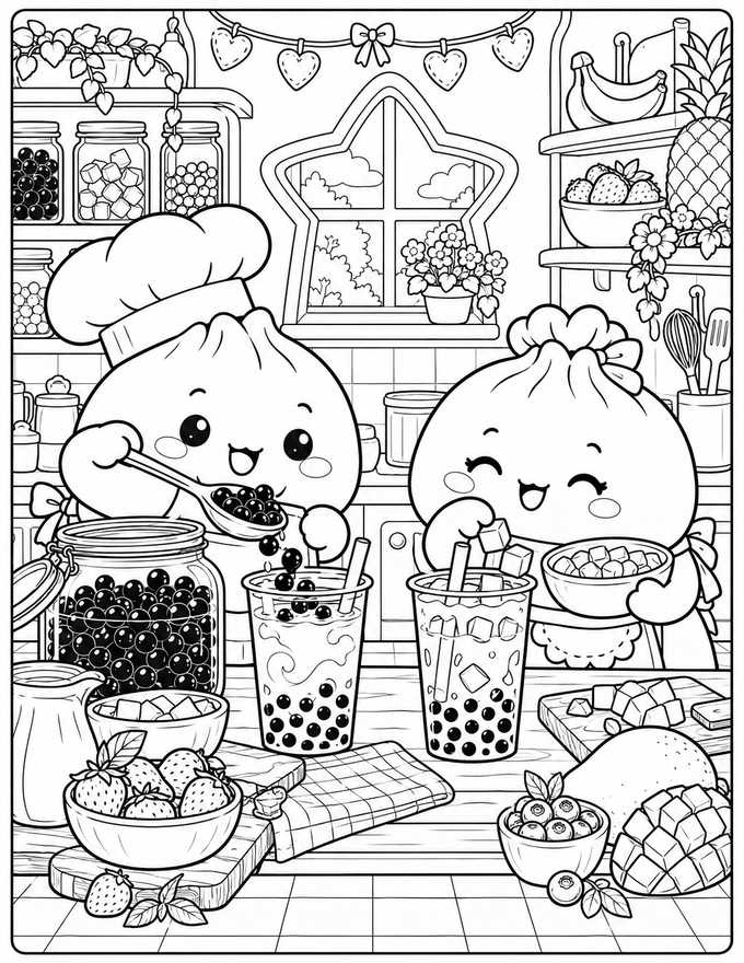 Coloriage de deux squishy dumpling préparant des bubble tea dans une cuisine avec perles de tapioca, fruits et gobelets