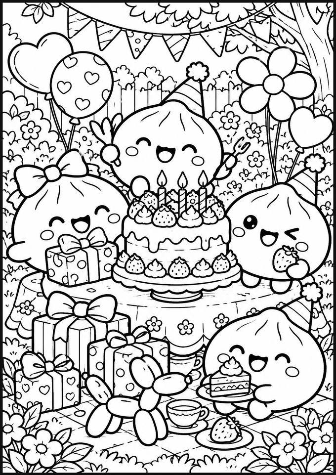 Quatre dumplings célèbrent un anniversaire autour d’un gâteau décoré
