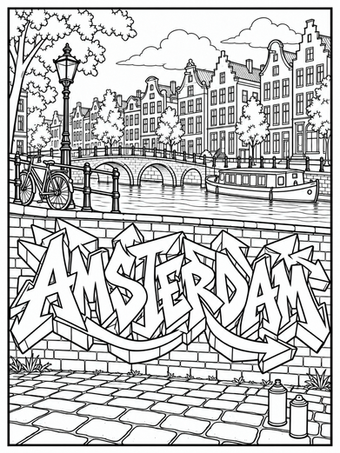 AMSTERDAM wildstyle letters rise beside a canal, narrow gabled houses, a stone bridge, and a boat.