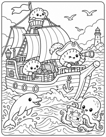 Pirate dumplings sail a ship past dolphins and an octopus in search of a treasure chest.