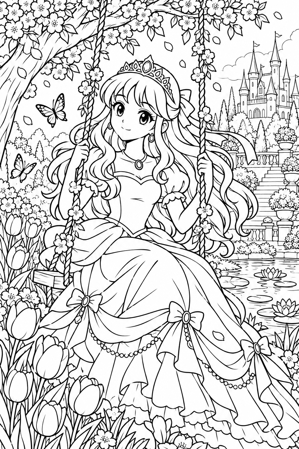 Una princesa se columpia bajo las ramas de un árbol florido