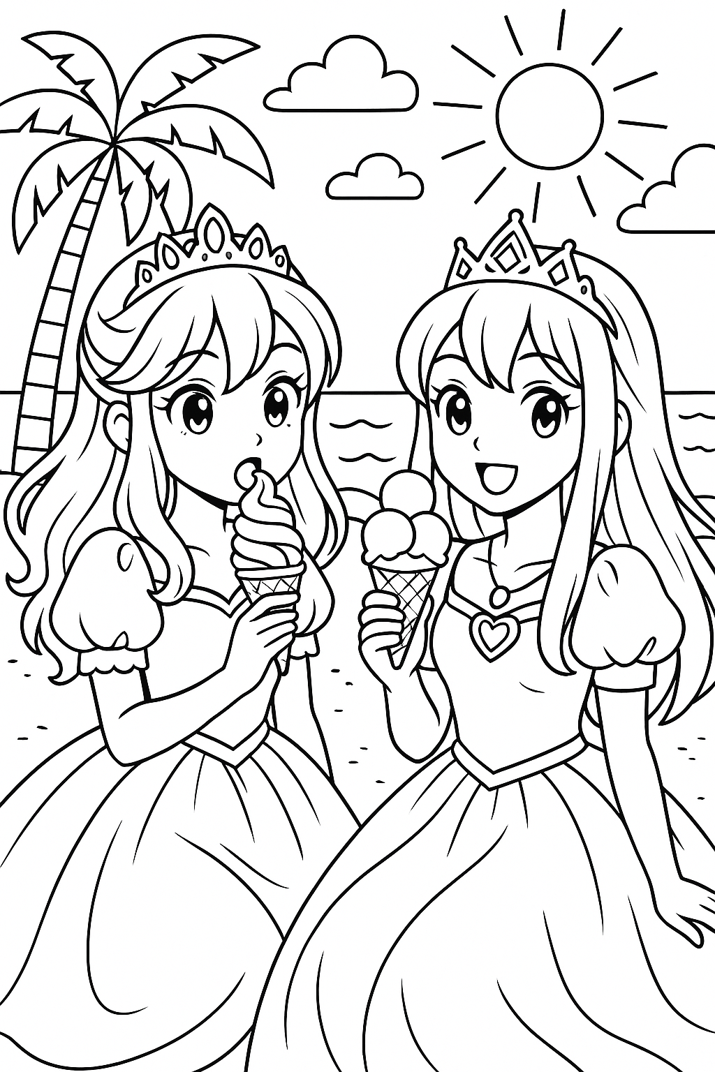 Coloriage de deux princesses manga avec des cornets de glace sur une plage, devant un palmier et la mer à imprimer gratuitement