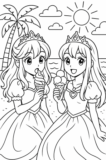 Twee manga-prinsessen met ijsjes aan zee bij een palmboom.