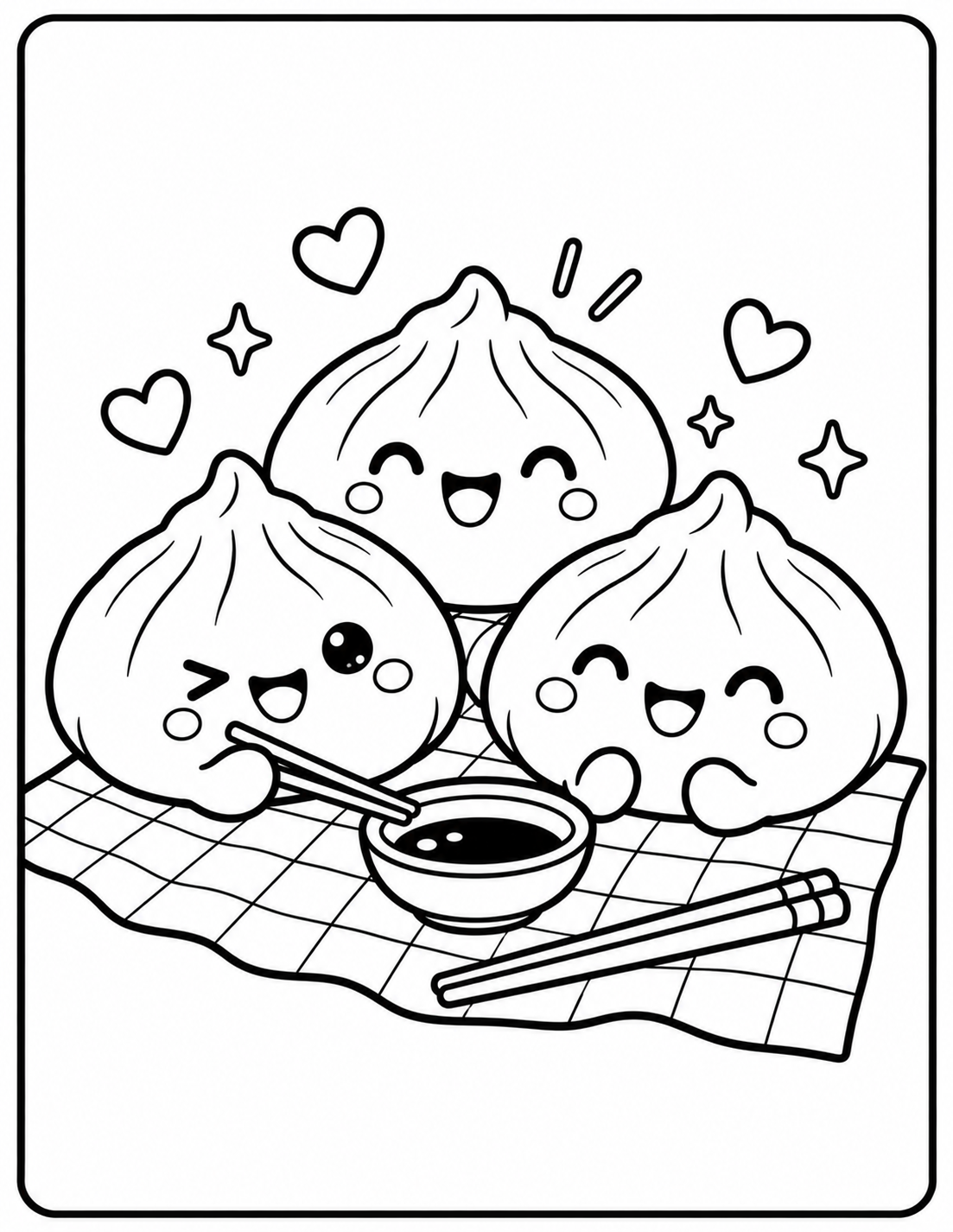 Coloriage de squishy dumplings kawaii en pique-nique à imprimer gratuitement