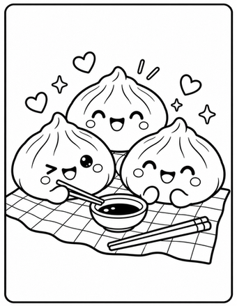 Ausmalbild zum Ausdrucken: Squishy-Dumplings beim Picknick, schwarz-weiße PNG-Vorlage